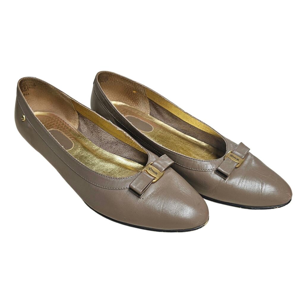 Vintage John Romain Leather Bow Flat Shoes Slip On Silver Women's Size 10 Office
